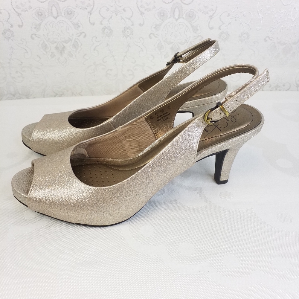 Beautiful light gold open toe heels, by Life Stride, with soft system insole 7M